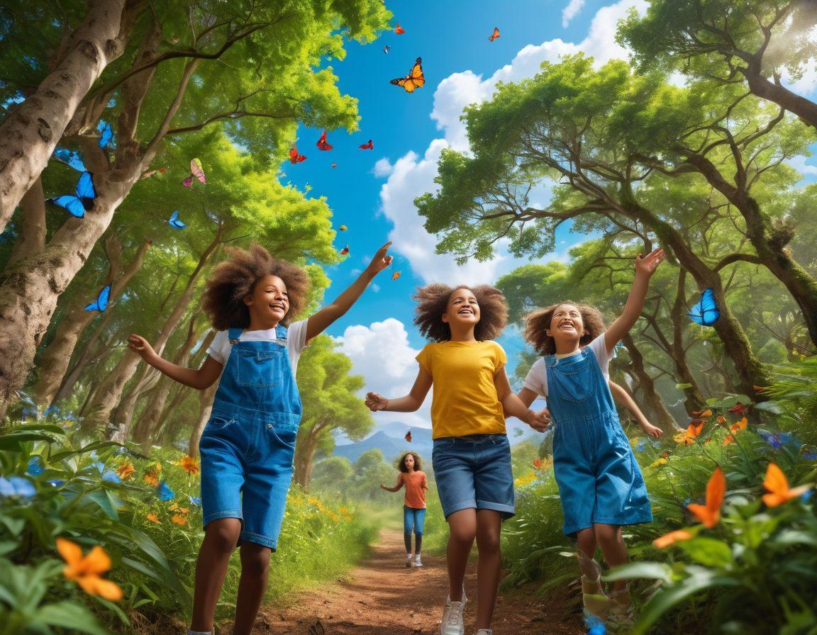 A vibrant scene of empowered girls exploring a lush green forest, each embodying a unique adventurous spirit. They are engaging in activities like climbing trees, picking flowers, and capturing moments with a camera, all with joyful expressions. The background features a bright blue sky scattered with fluffy clouds, while butterflies dance around, enhancing the sense of wonder. The overall atmosphere radiates positivity and courage, showcasing the essence of wholesomeness and adventure. vibrant colors. super-realistic.