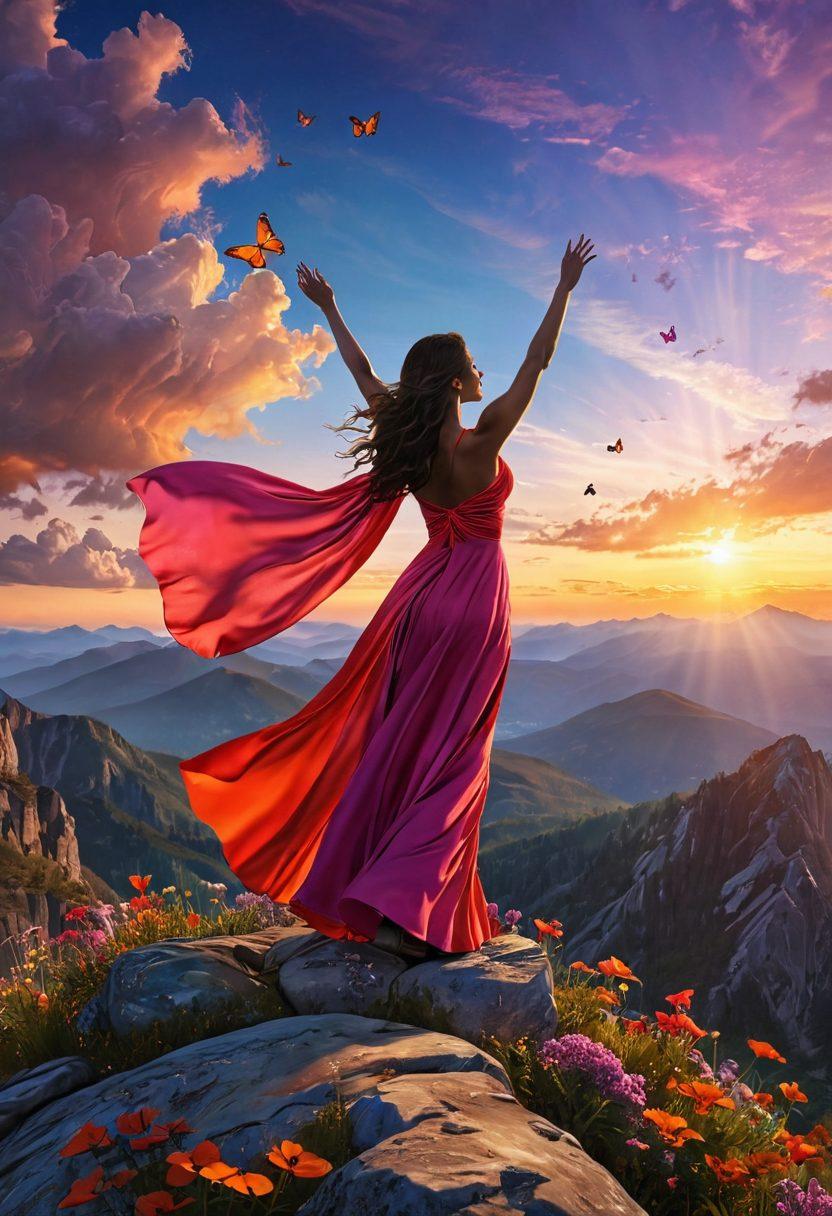A radiant woman standing on a mountain peak, arms raised triumphantly to the sky, symbolizing confidence and freedom. Surround her with blooming flowers and butterflies to represent cheer and femininity. Use warm, vibrant colors to evoke feelings of joy and empowerment. The sky should be a blend of sunset hues, casting a magical glow over the scene. super-realistic. vibrant colors. 3D.