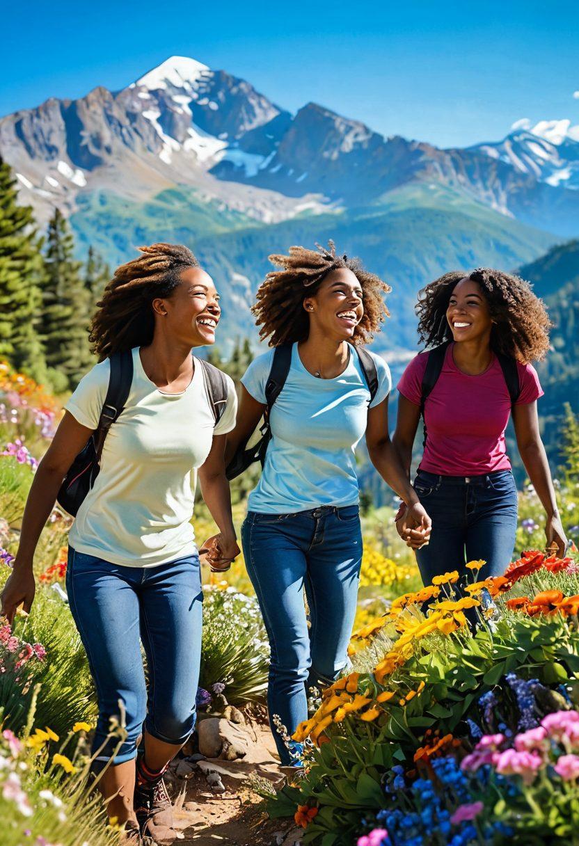 A bright and uplifting scene depicting a diverse group of empowered women joyfully exploring nature together, with colorful flowers blooming around them. They are sharing laughter, engaging in adventurous activities like hiking and biking, and radiating positivity and camaraderie. The backdrop features a sunlit landscape with mountains and a clear blue sky. The image captures the essence of empowerment and connection. vibrant colors. super-realistic.